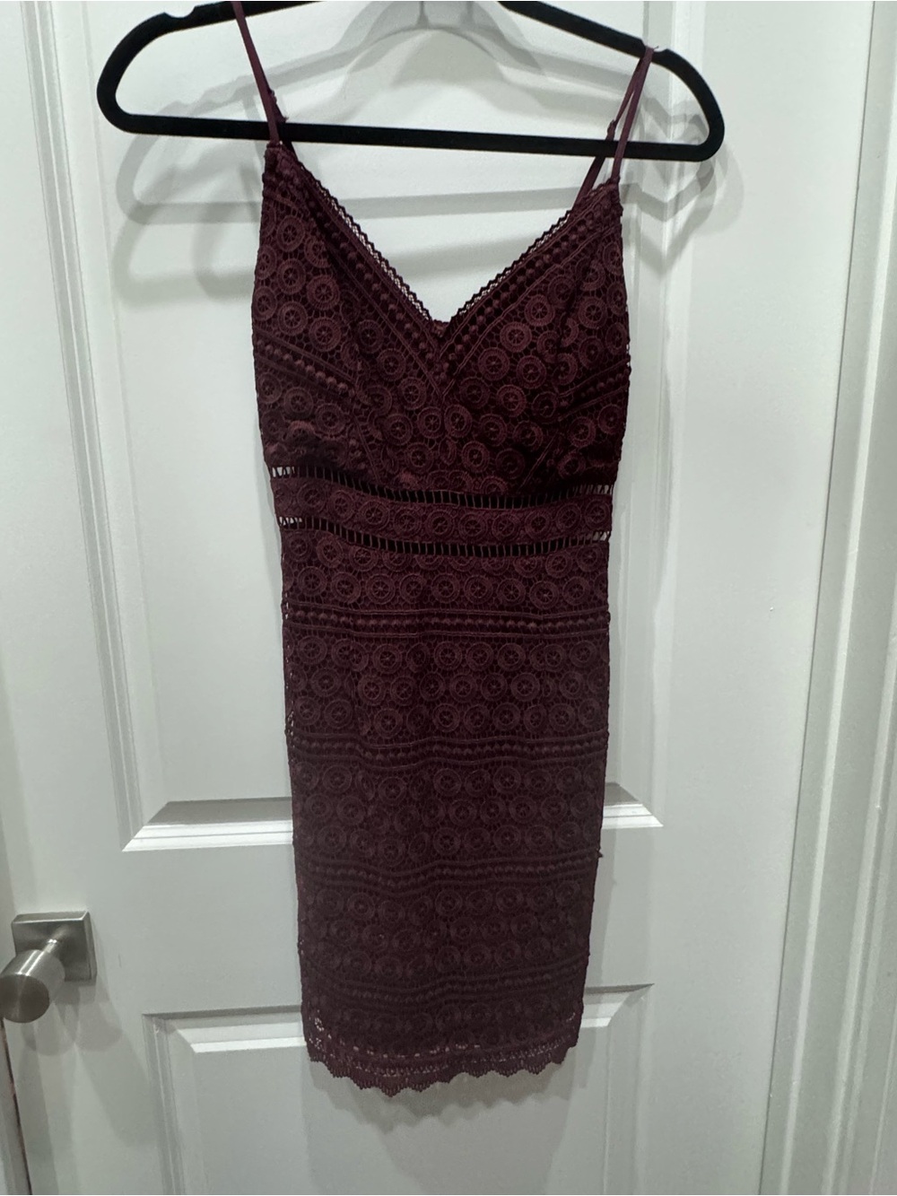 Abercrombie and Fitch: Lace Bodycon Spaghetti Strap Dress in Deep Burgundy